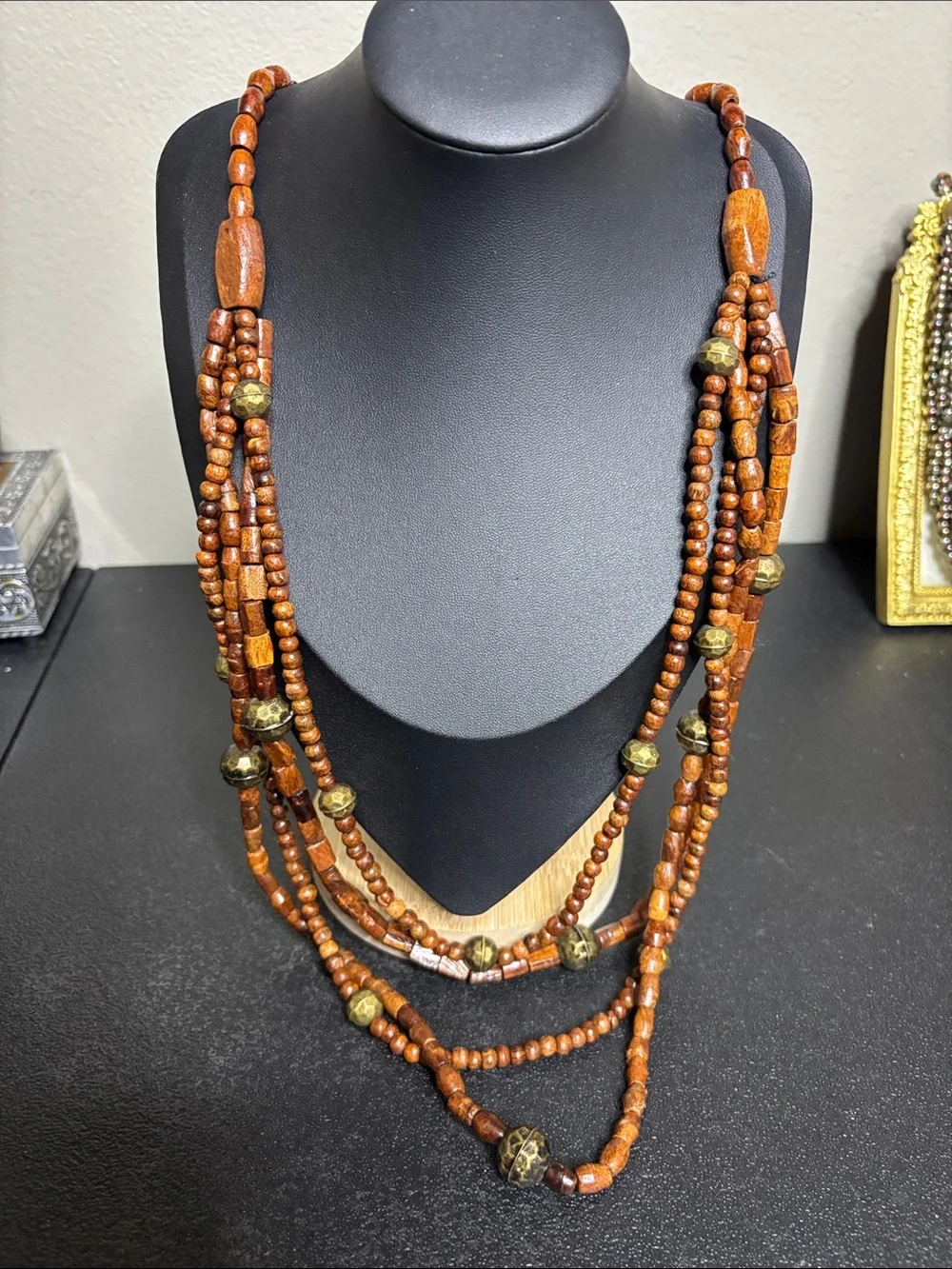 Layered Boho Brown Wooden Bead Necklace with Brass Accents